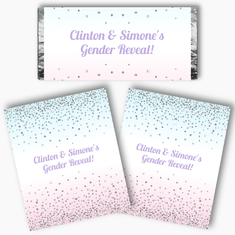 Personalised Pink &amp; Blue Confetti Gender Reveal Mini Chocolate Labels