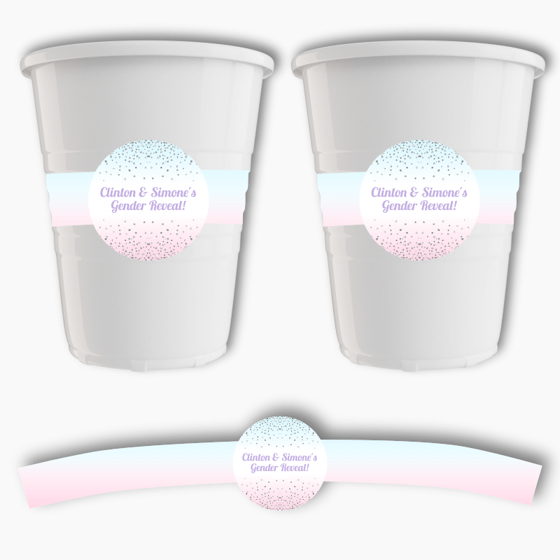 Personalised Pink &amp; Blue Confetti Gender Reveal Party Cup Stickers