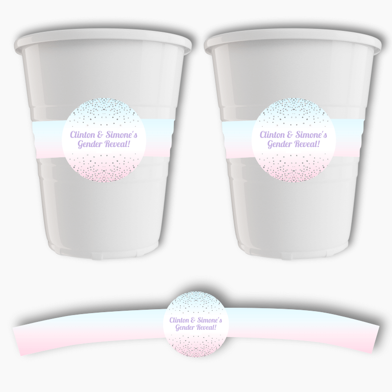 Personalised Pink & Blue Confetti Gender Reveal Party Cup Stickers