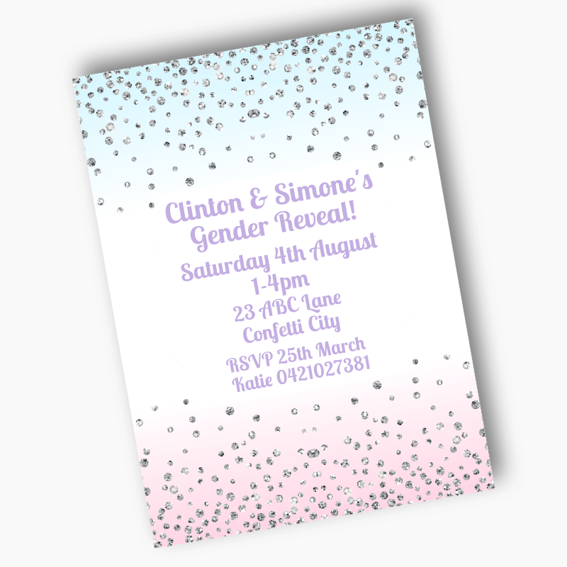 Personalised Pink &amp; Blue Confetti Gender Reveal Party Invites