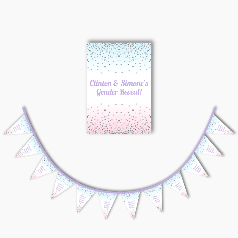 Personalised Pink &amp; Blue Confetti Gender Reveal Poster &amp; Bunting Combo