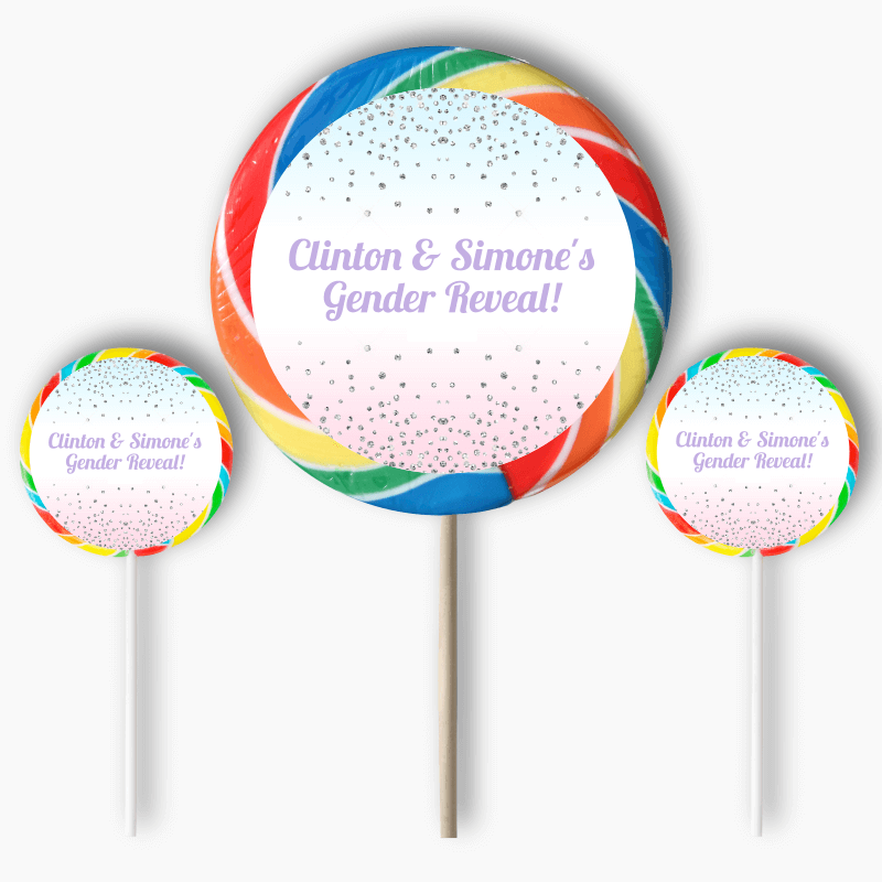 Personalised Pink &amp; Blue Confetti Gender Reveal Party Round Stickers