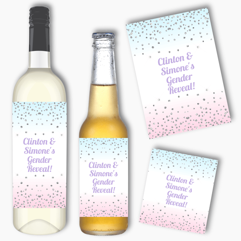 Personalised Pink &amp; Blue Confetti Gender Reveal Wine &amp; Beer Labels
