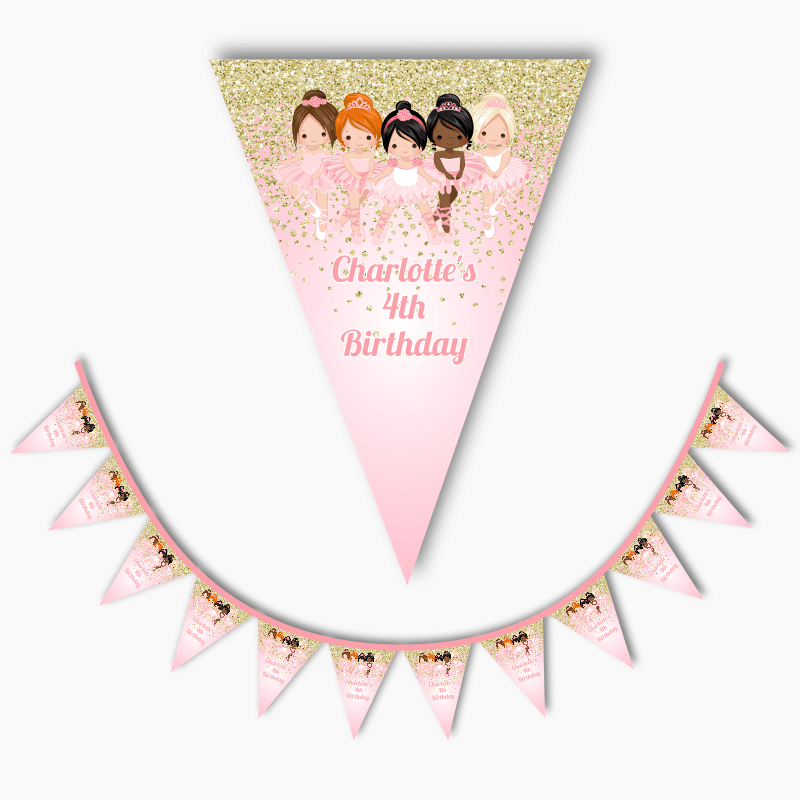 Personalised Pink &amp; Gold Ballerinas Birthday Party Flag Bunting