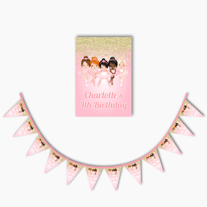 Personalised Pink & Gold Ballerinas Party Poster & Bunting Combo