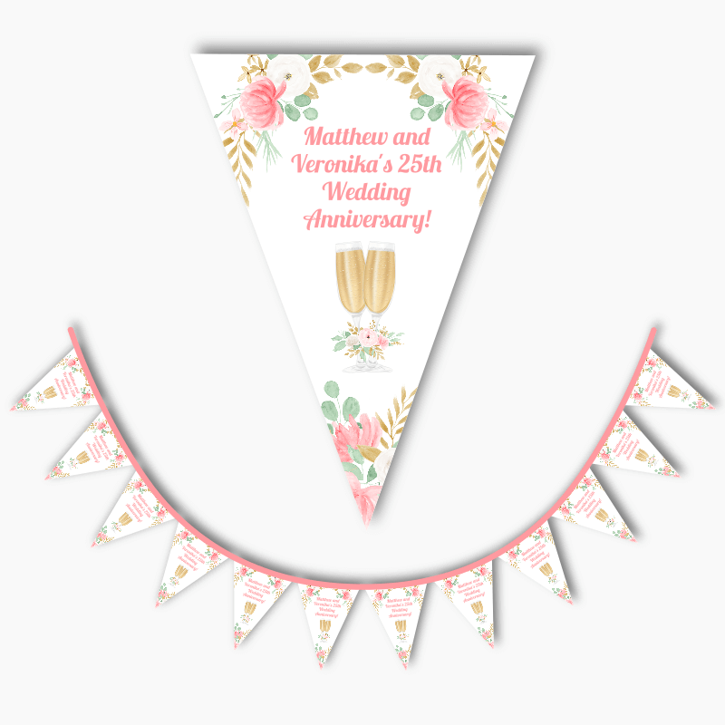 Pink &amp; Gold Floral Wedding Anniversary Flag Bunting