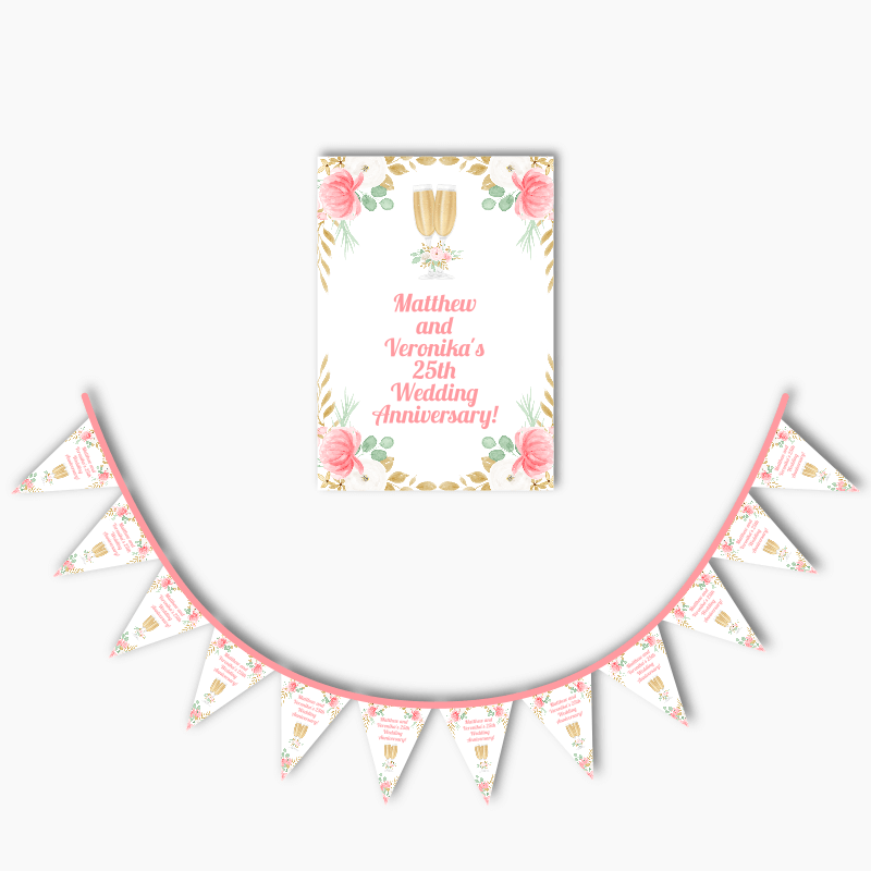 Personalised Pink &amp; Gold Floral Anniversary Poster &amp; Bunting Combo
