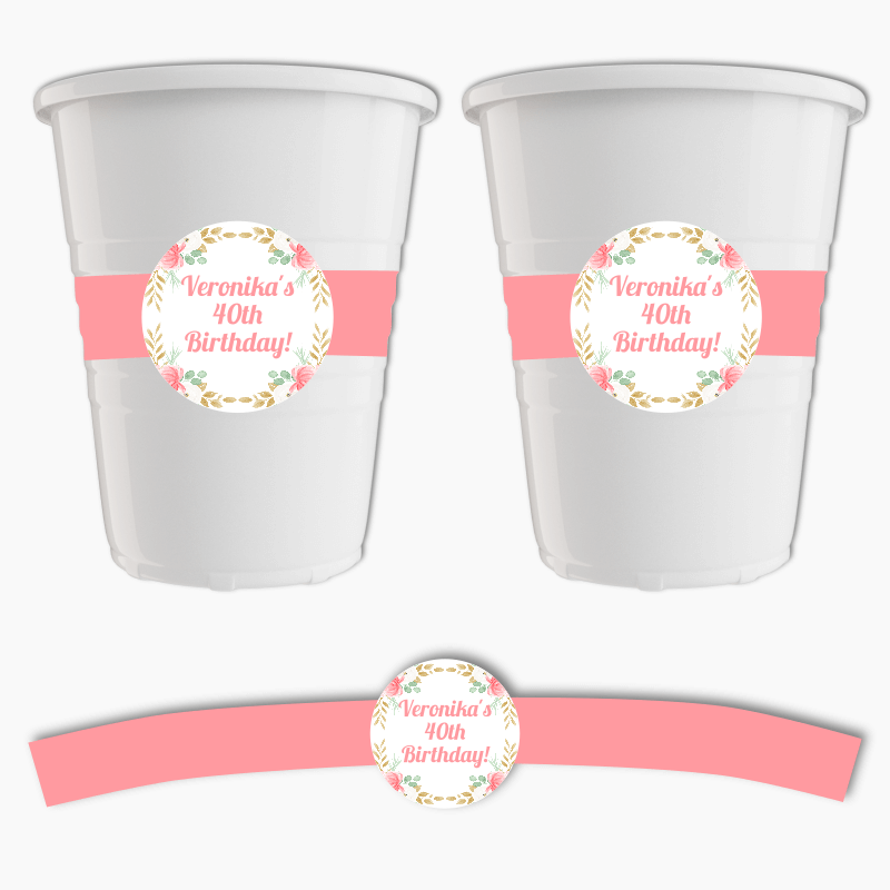 Personalised Pink &amp; Gold Floral Birthday Party Cup Stickers