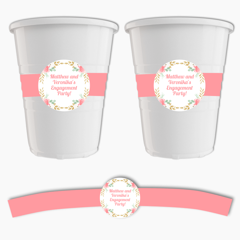 Personalised Pink &amp; Gold Floral Engagement Party Cup Stickers