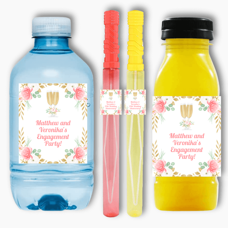 Pink & Gold Floral Engagement Party Rectangle Favour Stickers