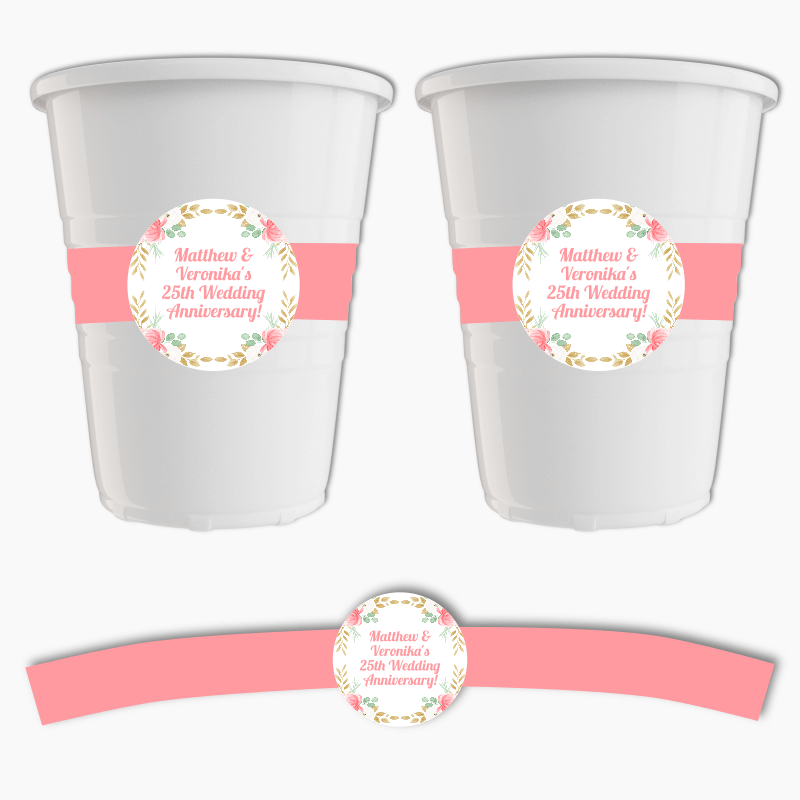 Personalised Pink & Gold Floral Anniversary Cup Stickers