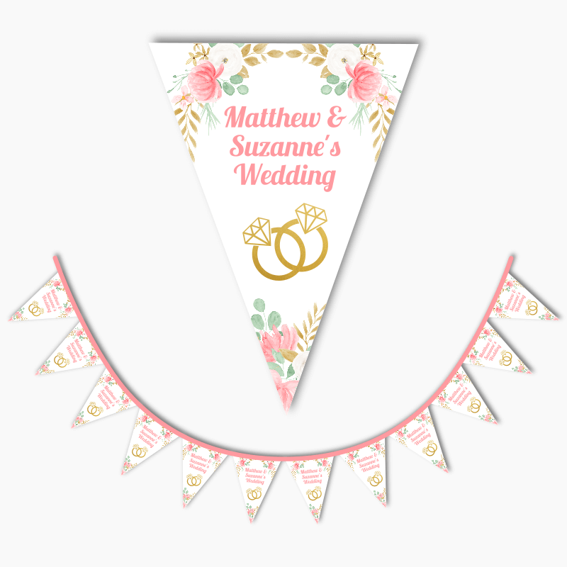 Personalised Pink & Gold Floral Wedding Flag Bunting