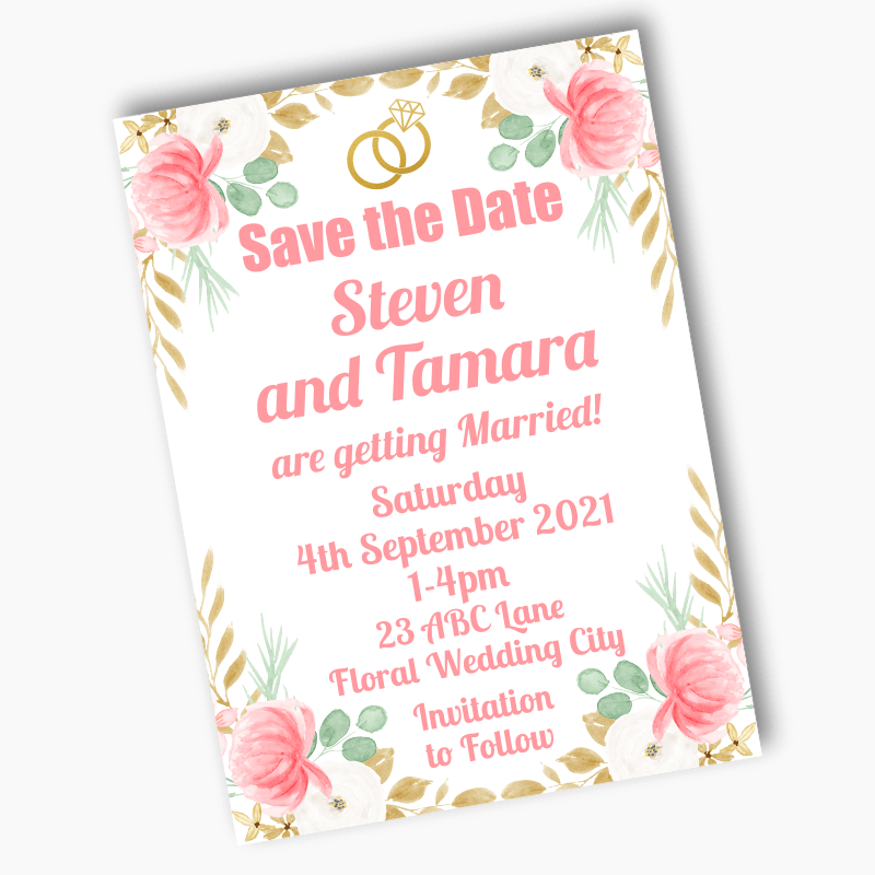 Personalised Pink & Gold Floral Wedding Save the Date Cards