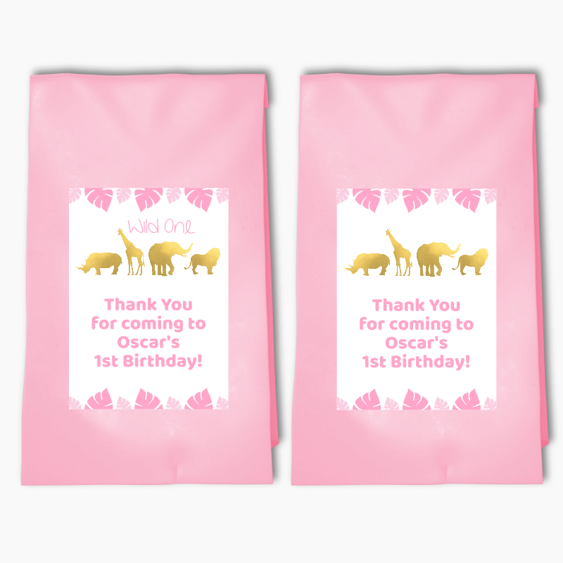 Personalised Pink &amp; Gold Safari Animals Party Bags &amp; Labels