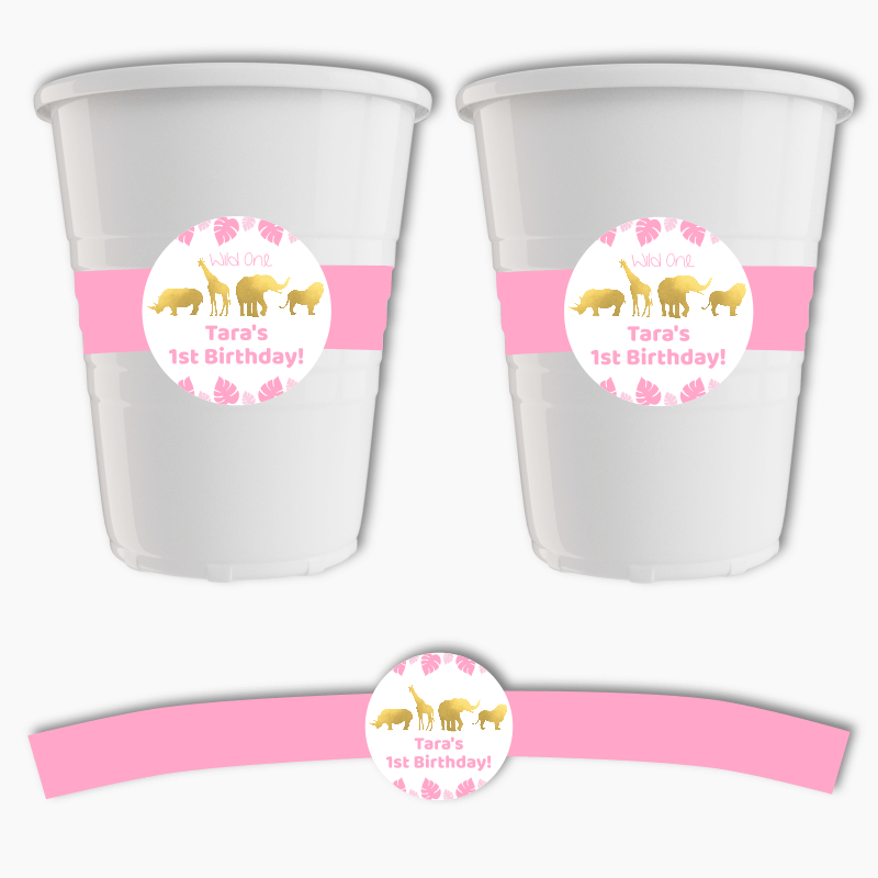 Personalised Pink &amp; Gold Safari Jungle Animals Party Cup Stickers