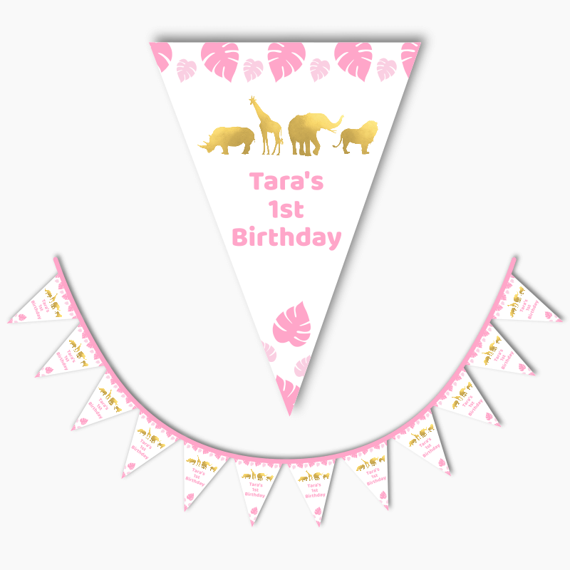 Personalised Pink & Gold Safari Animals Party Flag Bunting