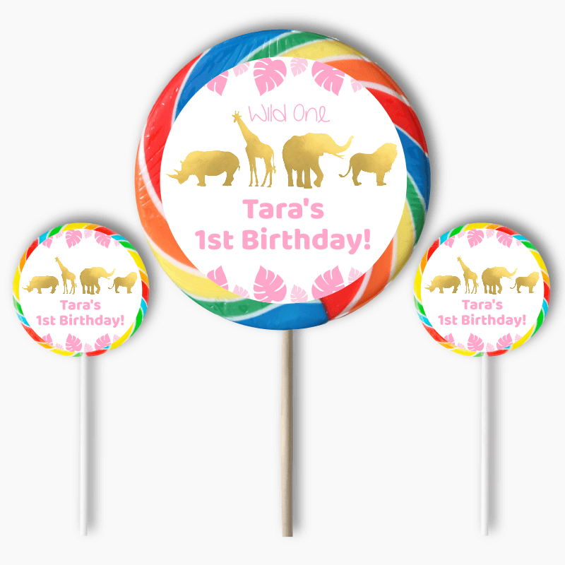 Personalised Pink &amp; Gold Safari Animals Party Round Stickers