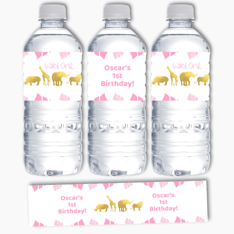 Personalised Pink &amp; Gold Safari Animals Party Water Bottle Labels