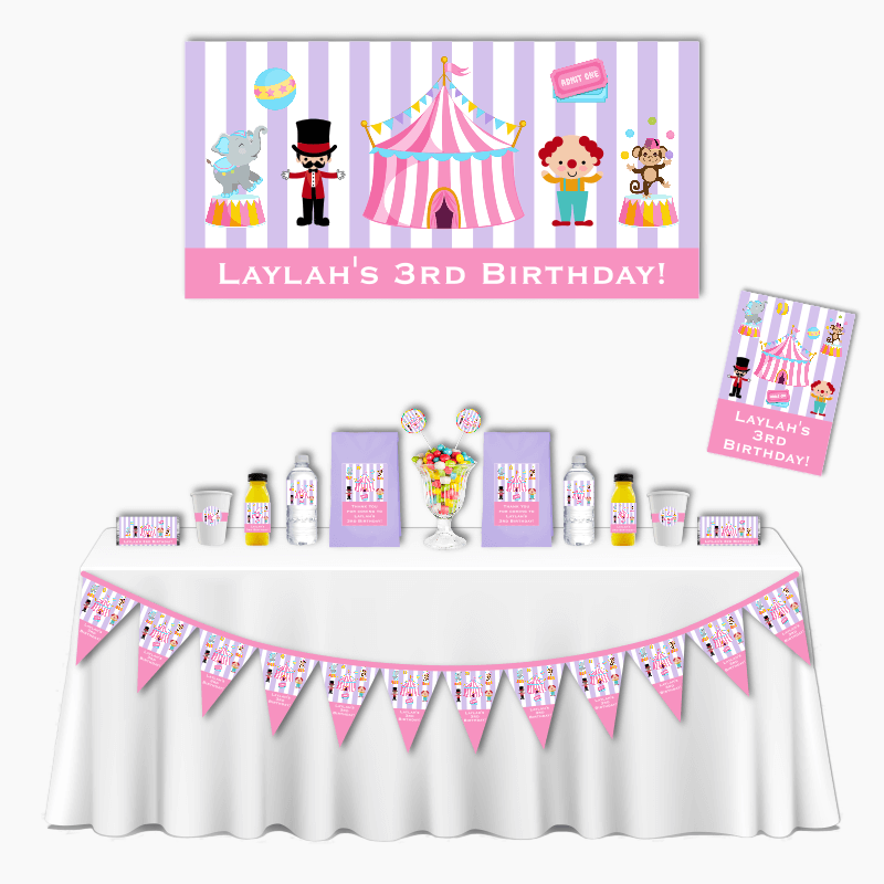 Personalised Pink &amp; Purple Carnival Deluxe Birthday Party Pack