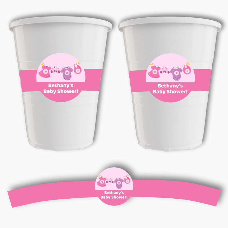 Personalised Pink &amp; Purple Onesie Baby Shower Cup Stickers