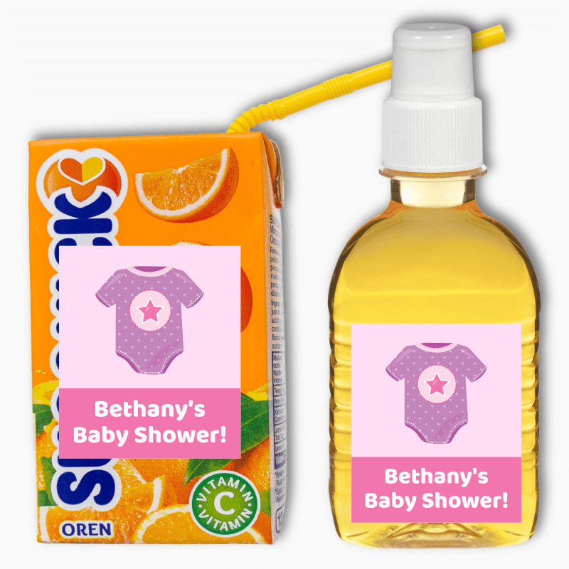 Pink &amp; Purple Onesie Baby Shower Rectangle Drink Labels