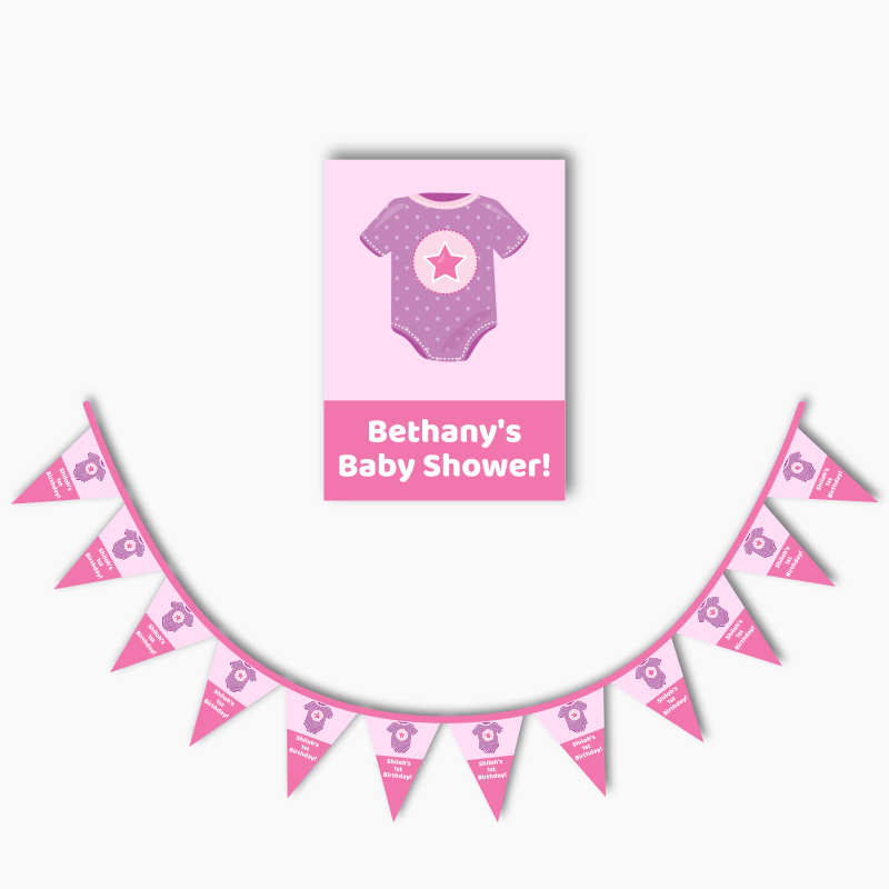 Personalised Pink &amp; Purple Onesie Baby Shower Poster &amp; Bunting Combo