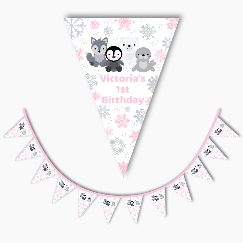 Personalised Pink Arctic Animals Birthday Party Flag Bunting