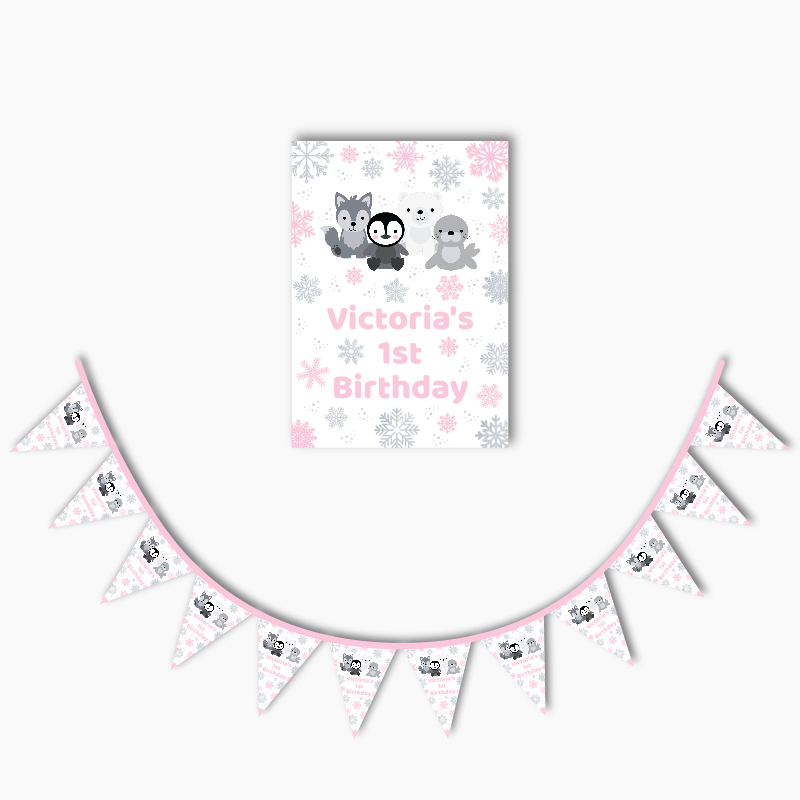 Personalised Pink Arctic Animals Party Poster &amp; Bunting Combo