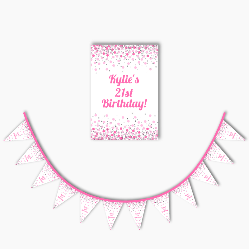 Pink &amp; White Confetti Party Poster &amp; Bunting Combo