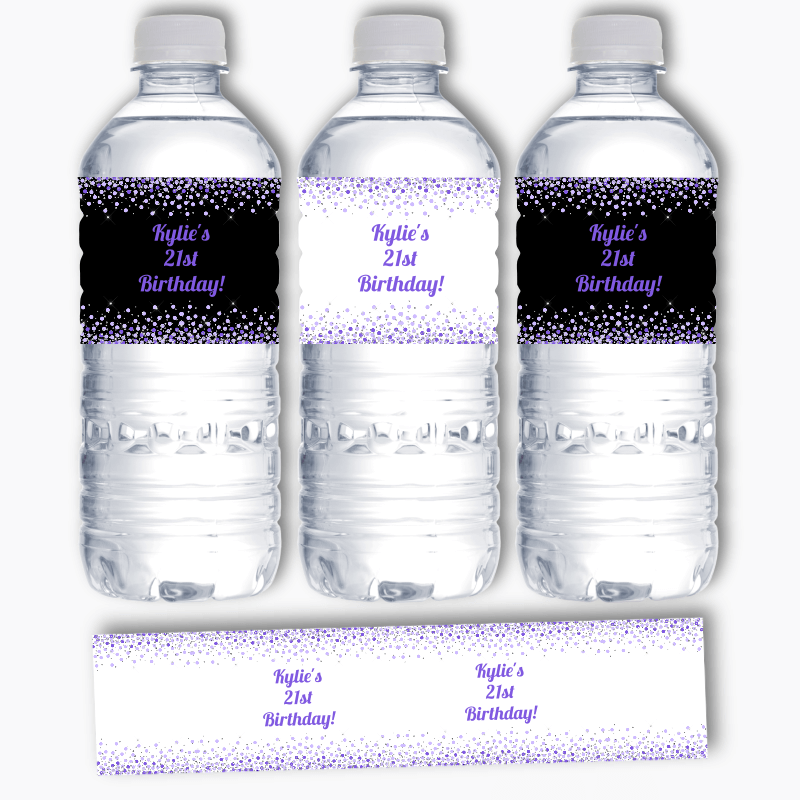Personalised Purple Confetti Party Water Bottle Labels
