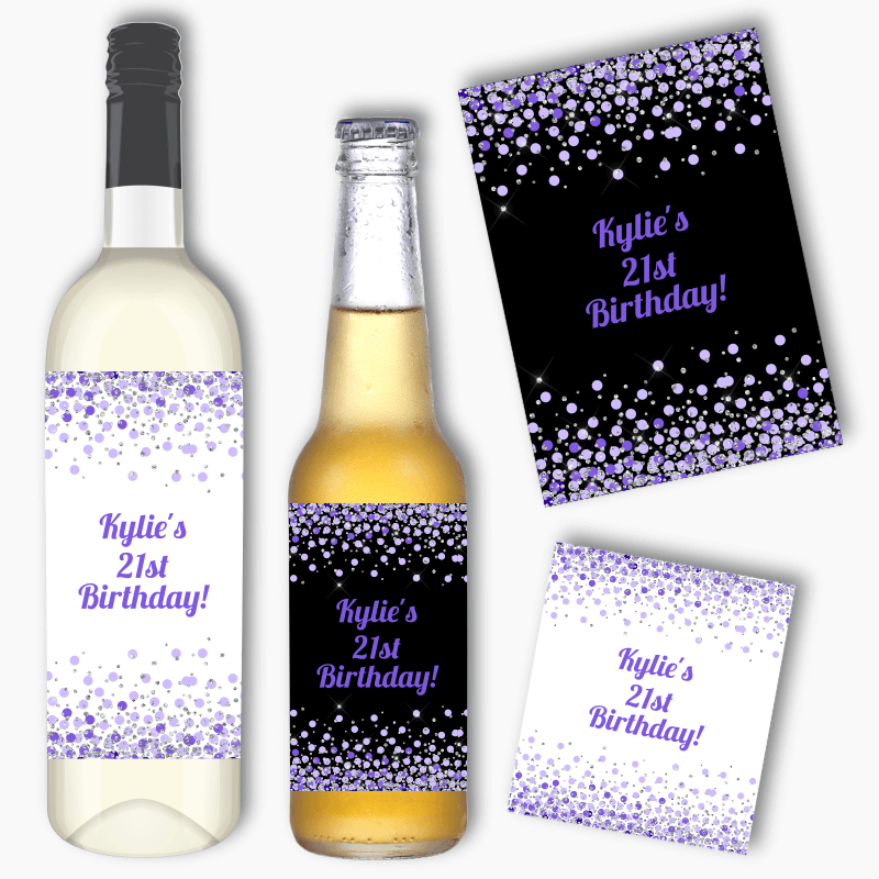 Personalised Purple Confetti Party Wine &amp; Beer Labels