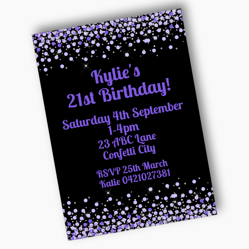 Purple and Black Confetti Party Invites