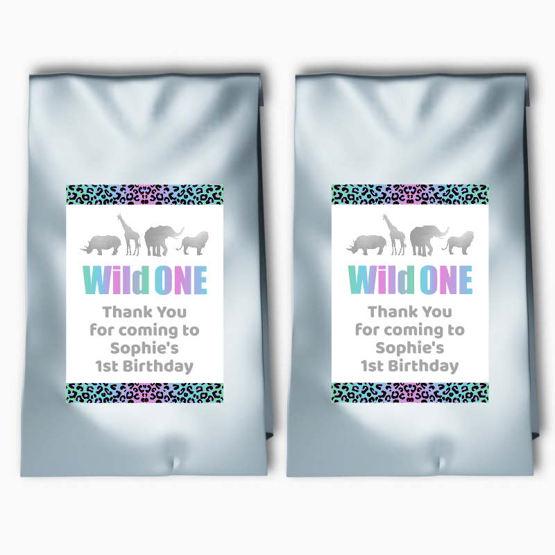 Personalised Rainbow &amp; Silver Wild One Party Bags &amp; Labels