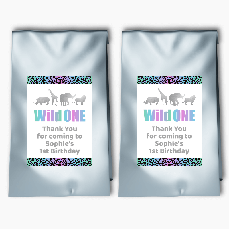 Personalised Rainbow & Silver Wild One Party Bags & Labels
