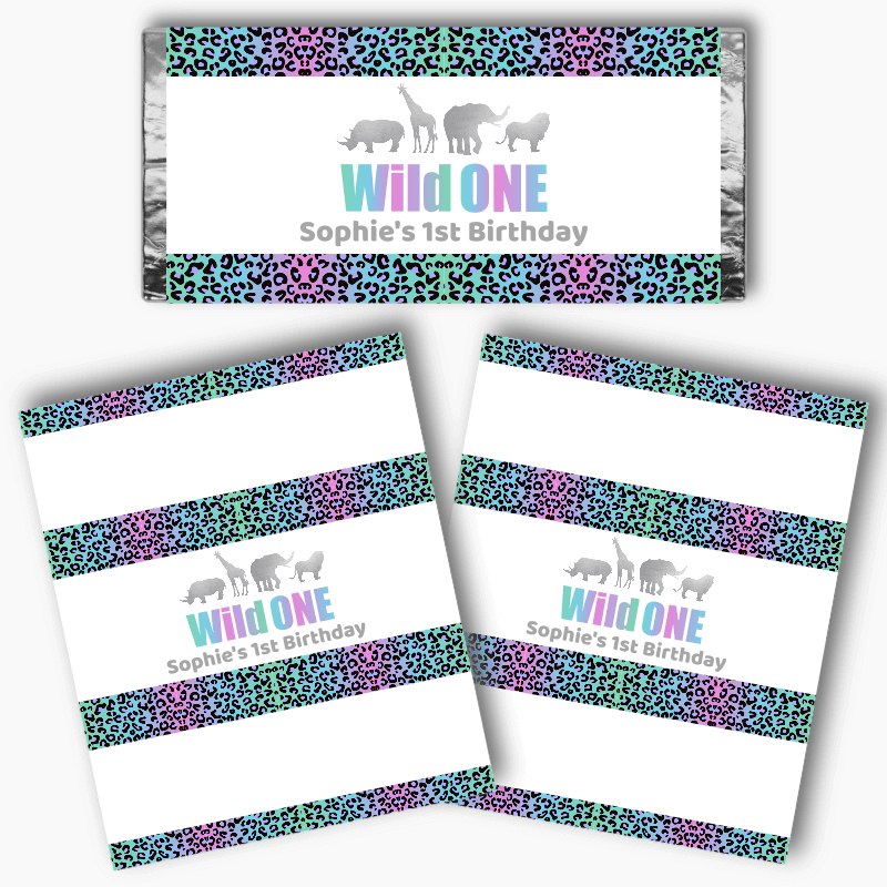 Personalised Rainbow &amp; Silver Wild One Birthday Party Mini Chocolate Labels
