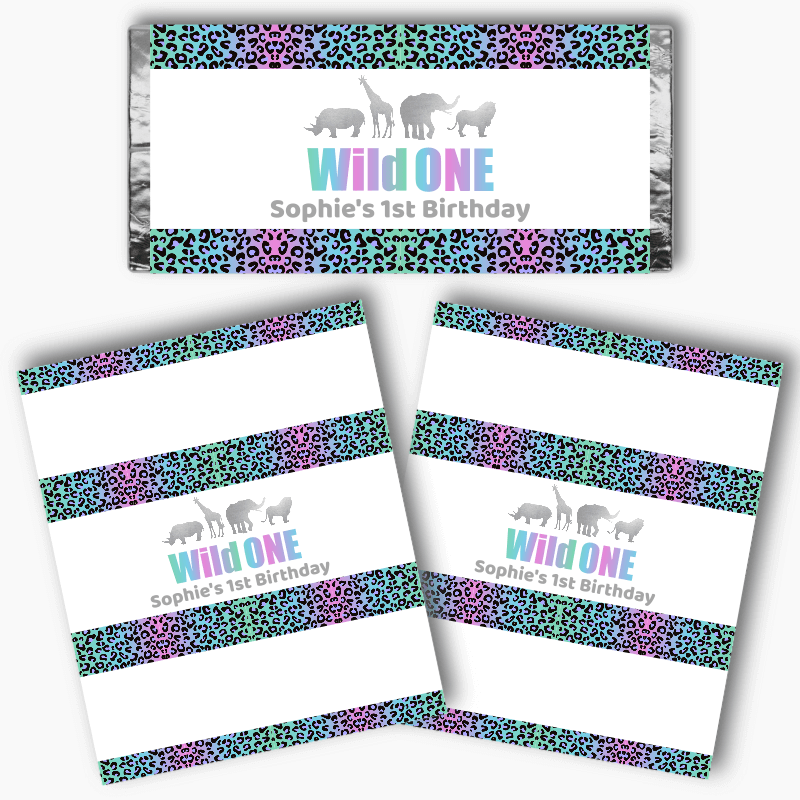 Personalised Rainbow & Silver Wild One Birthday Party Mini Chocolate Labels