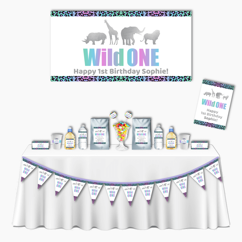 Personalised Rainbow &amp; Silver Wild One Deluxe Birthday Party Pack