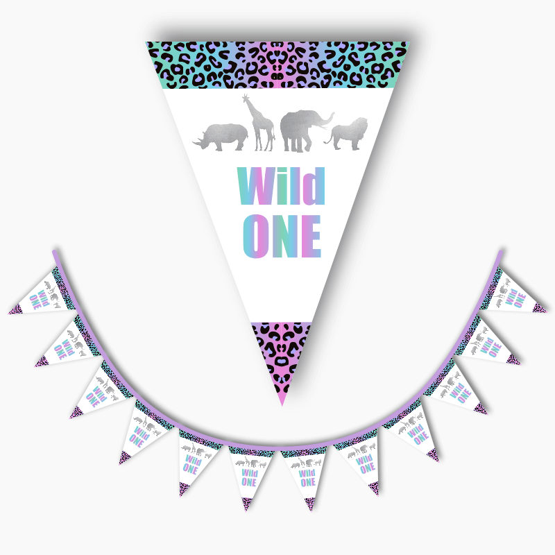 Personalised Rainbow &amp; Silver Wild One Party Flag Bunting