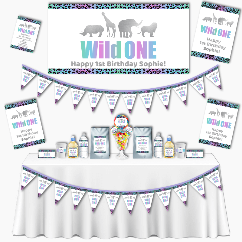 Personalised Rainbow &amp; Silver Wild One Grand Birthday Party Pack