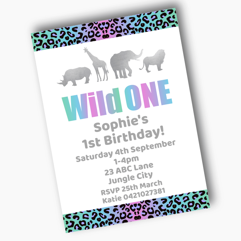 Personalised Rainbow &amp; Silver Wild One Party Invites
