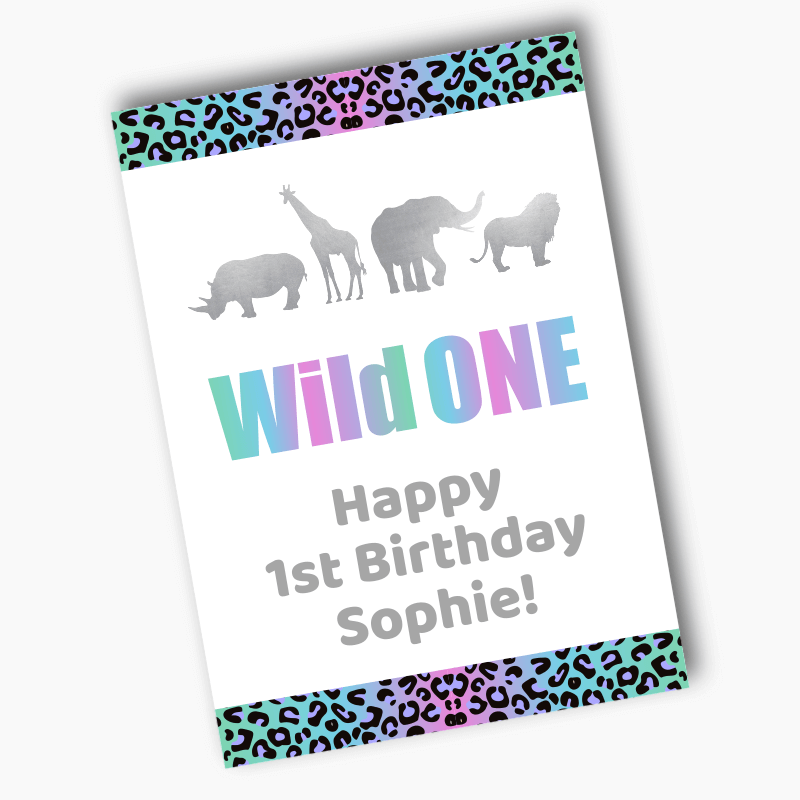 Personalised Rainbow &amp; Silver Wild One Birthday Party Posters