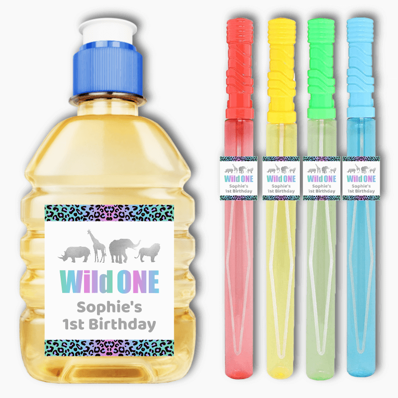 Personalised Rainbow & Silver Wild One Party Rectangle Stickers