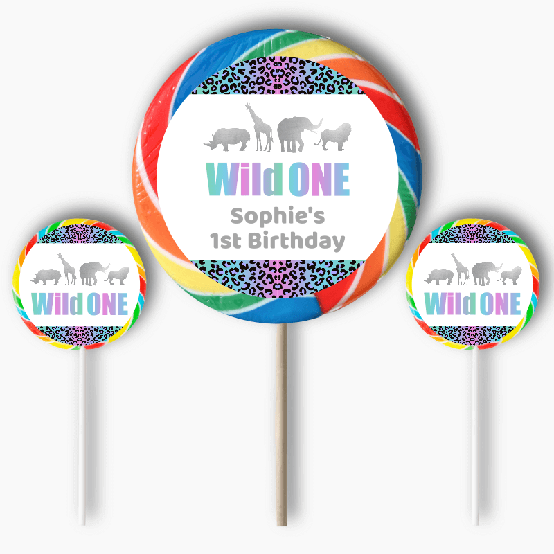 Personalised Rainbow &amp; Silver Wild One Birthday Party Round Stickers