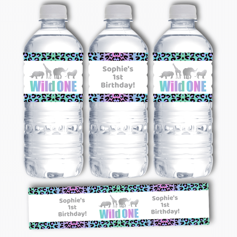 Personalised Rainbow &amp; Silver Wild One Party Water Labels