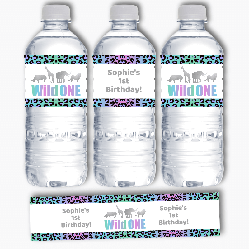 Personalised Rainbow & Silver Wild One Party Water Labels