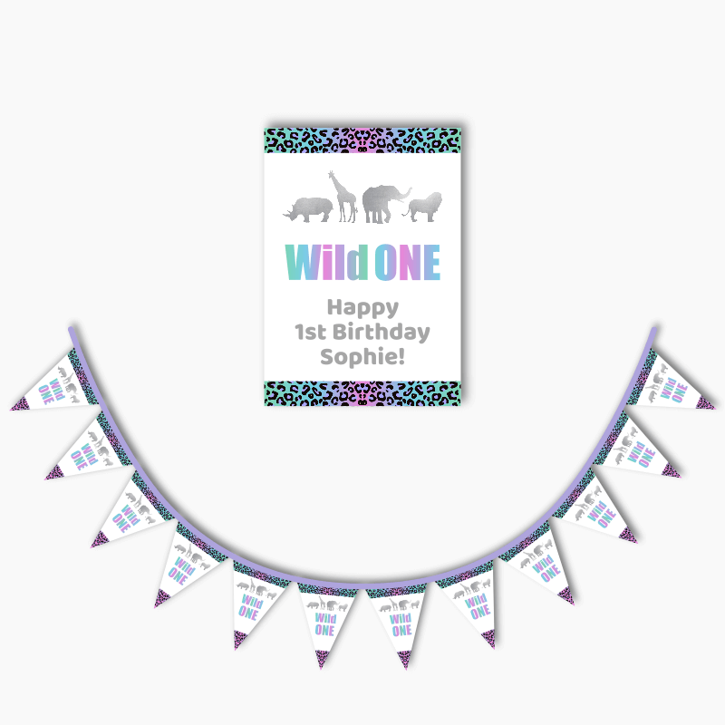 Personalised Rainbow &amp; Silver Wild One Party Poster &amp; Bunting Combo