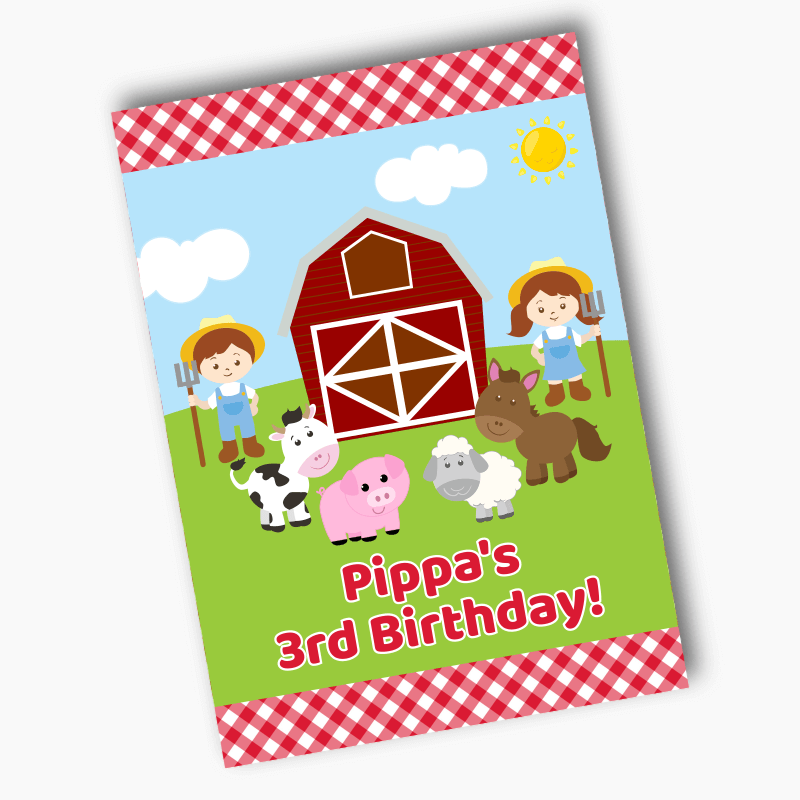 Personalised Barnyard Farm Animals Birthday Party Posters - Red Gingham