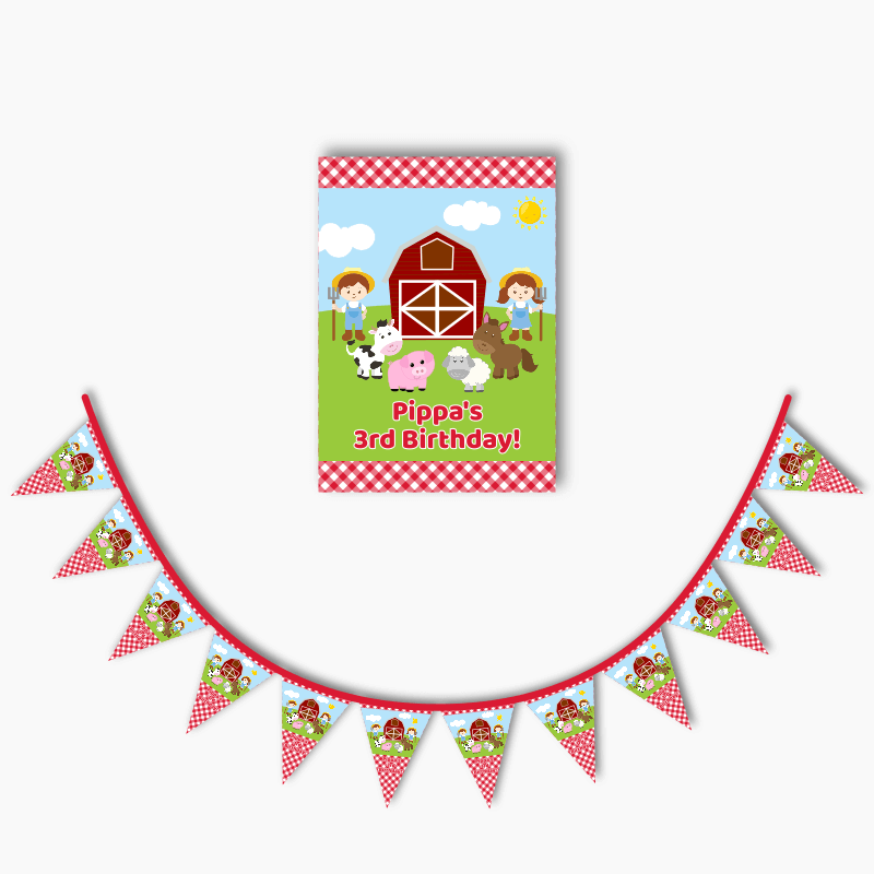 Personalised Red Gingham Barnyard Animals Poster & Bunting Combo