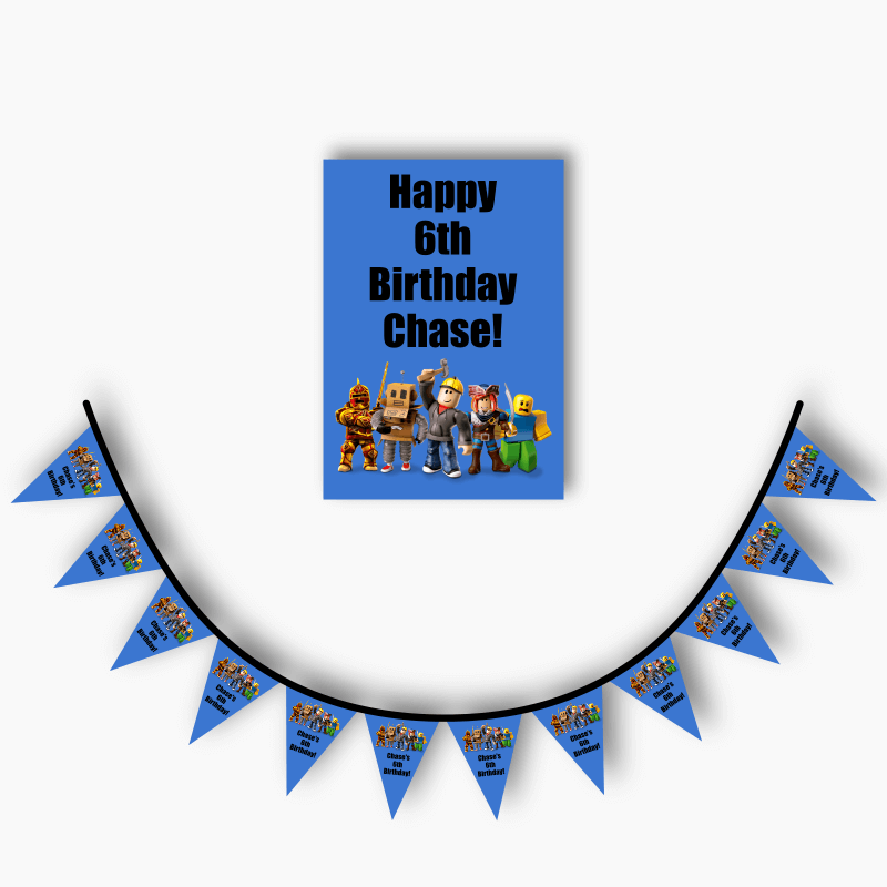 Personalised Roblox Party Poster &amp; Flag Bunting Combo - Blue