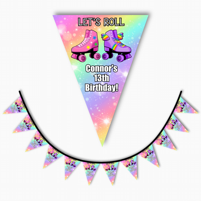 Personalised Roller Skate Party Flag Bunting - Rainbow